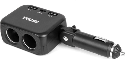 Prizë zgjatuese makine AMIO 04357, karikues 2x USB A 1x USB C, 100W 12/24V, e zezë