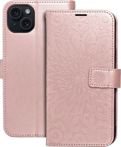 Kuti-portofol OEM MEZZO Mandala për iPhone 15 Plus, me kapak magnetik, rozë gold