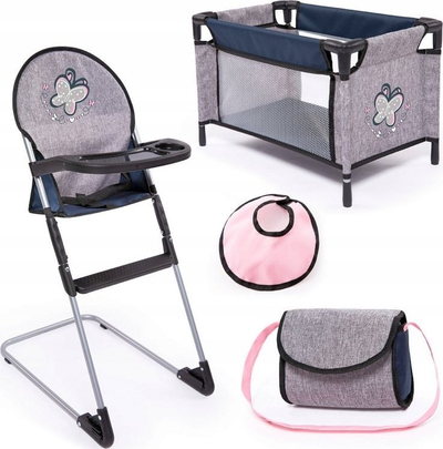 Set lodrash për goca Bayer 63227AB, karrige ngrënieje dhe krevat udhëtimi, deri 42 cm, gri me flutura