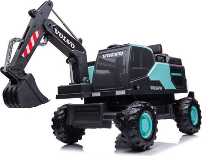 Eskavator elektrik për kalamaj Volvo, me goma të mëdhaja, me krah gërmimi që punon, i zi me jeshile
