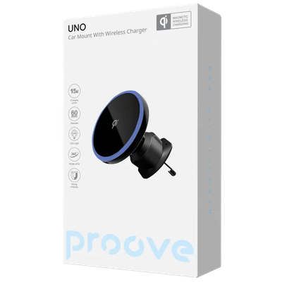 Mbajtëse magnetike për telefon me karikim wireless Proove Uno, 15W, për ventilim makine, e zezë