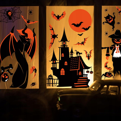 Sticker dritareje për Halloween, set dekorativ, portokalli e zezë
