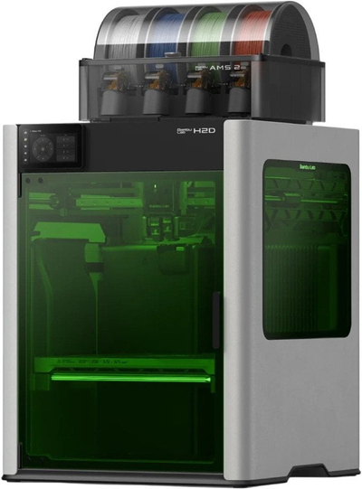 Bambu Lab H2D ласерски комплетен комбиниран 3D печатач, ласерски модул од 40W, интегриран AMS, сив и зелен