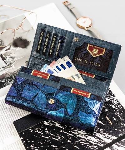 Portofol lëkure PETERSON PTN 42122, RFID, me flutura, blu vjollcë