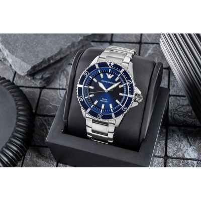 Часовник Emporio Armani AR11697 World Explorer Solar, 42mm, соларен хронограф, сребрен со сини детали