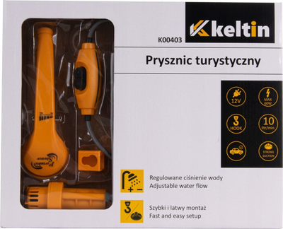 Пренослив туш Keltin Tourist Shower 12V, електрична пумпа, проток 10 l/min, портокалов