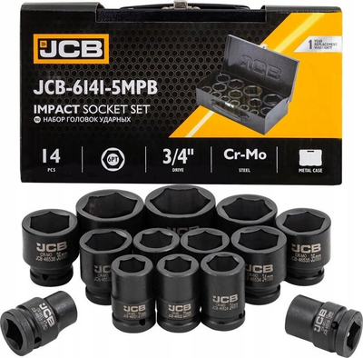 Set çelësash goditës JCB, 3/4", 14 copë 17-50mm, kuti metalike