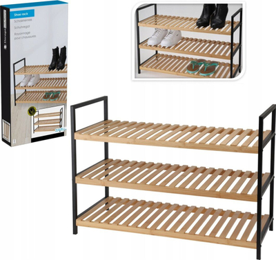Rafth këpucësh Fiona Shoe Rack Bamboo 3 Layer, 3 shtresa, bambu FSC, me kornizë metalike të zezë