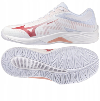 Këpucë volejbolli për goca Mizuno Lightning Select Wos, për në sallë, të bardha me rozë