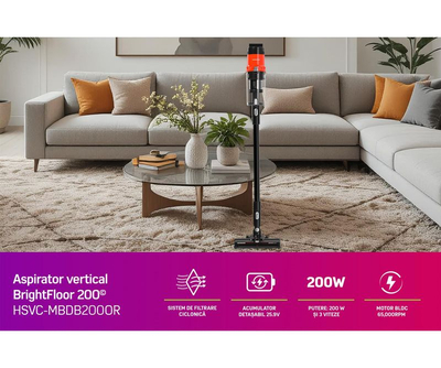 Fshesë me korent vertikale Heinner HSVC-MBDB200OR BrightFloor, bateri 50 min, filtri HEPA, portokalli