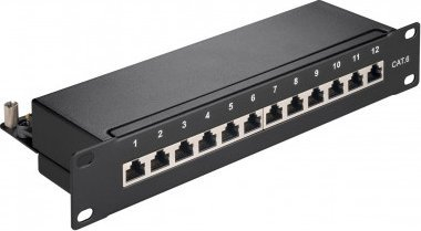 Patch panel Goobay 93793, 12 porta RJ-45, Cat6 S/UTP, 1U, i zi
