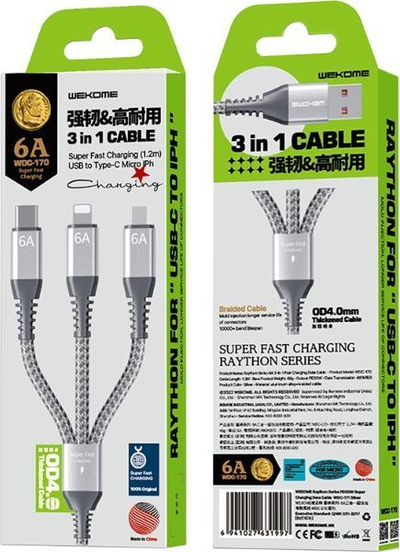 Kabllo USB Wekome WDC-170 Raython 3in1, USB-A me USB-C microUSB Lightning, 1.2 m, argjend