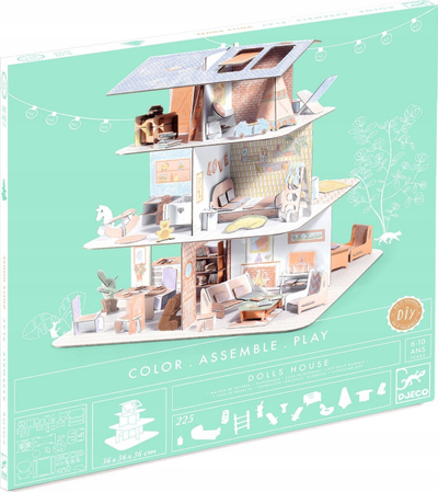 Set kreativ Djeco Color Assemble Play Doll House, shpi lodrash 3D kartoni, 3 kate, me shumë ngjyra
