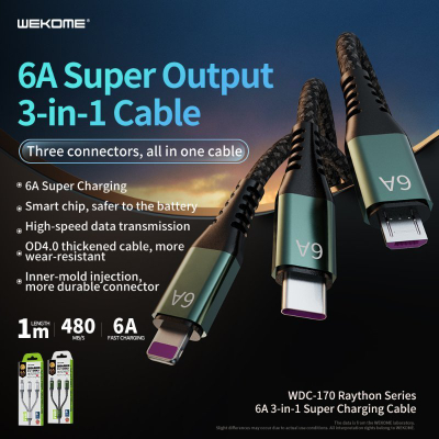 Kabllo USB Wekome WDC-170 Raython 3in1, USB-A me USB-C microUSB Lightning, 1.2 m, argjend