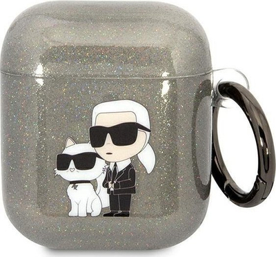 Mbulesë Karl Lagerfeld KLA2HNKCTGK për AirPods 1/2, Glitter Karl &amp; Choupette, e zezë me shkëlqim