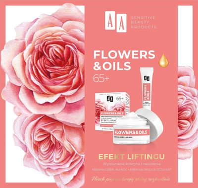 Set dhurate kozmetike AA Flowers &amp; Oils Lifting Effect 65+, krem dite e nate, krem sysh edhe buzësh