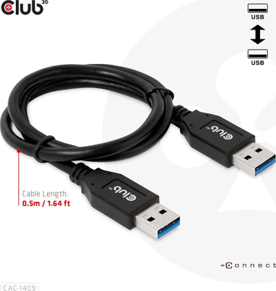 Kabllo USB Club 3D CAC-1525, USB 3.2 Gen1 Type A me Type A, 0.5 m, e zezë