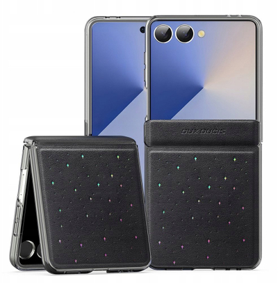 Kapak telefoni Dux Ducis Star Pattern për Samsung Galaxy Z Flip7, lëkurë sintetike, mbyllje me magnet, i zi