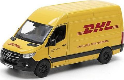 Lodër makinë Mercedes Benz Sprinter DHL, metal, shkallë 1:48, e verdhë