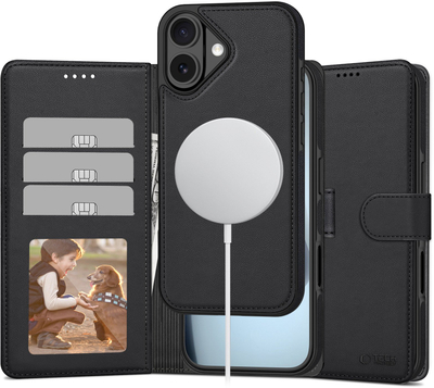 Këllëf-portofol Tech-Protect Wallet MagSafe për iPhone 17, me xhepa për karta, bëhet edhe si mbajtëse, ngjyrë e zezë mat