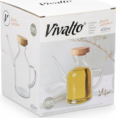 Shishe vaji Vivalto, qelq, kapak bambuje, 600 ml, transparente