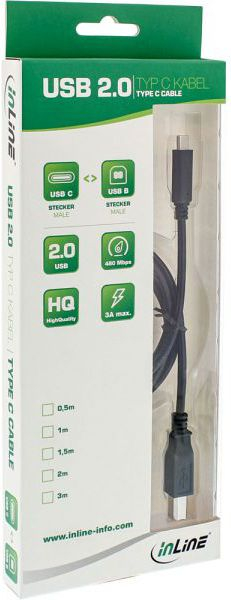 Kabllo USB InLine USB 2.0, Type C me USB B, 1m, e zezë