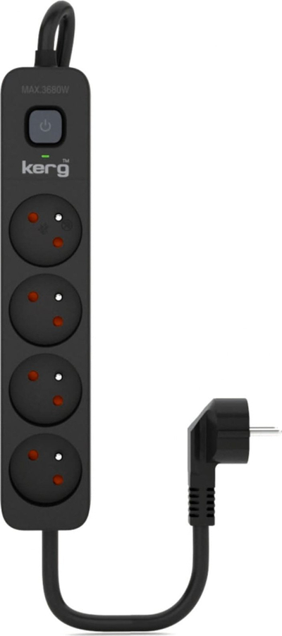 Zgjatues elektrik Kerg H05V, 4 priza, çelës ndezje fikje, 1.5m, 16A, i zi