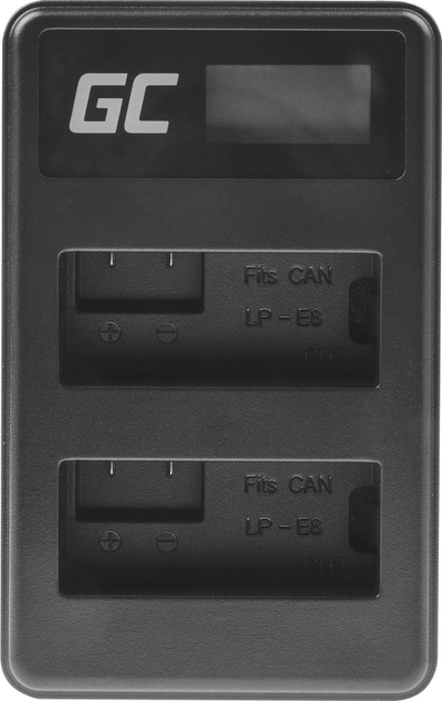 Karikues dopio për bateri Green Cell LC-E8, për Canon LP-E8, me ekran LCD, ngjyrë e zezë