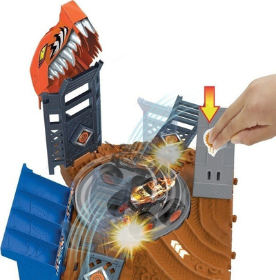 Set loje Hot Wheels Monster Trucks Arena Smashers Tiger Shark Challenge, playset me kamion, shumëngjyrësh