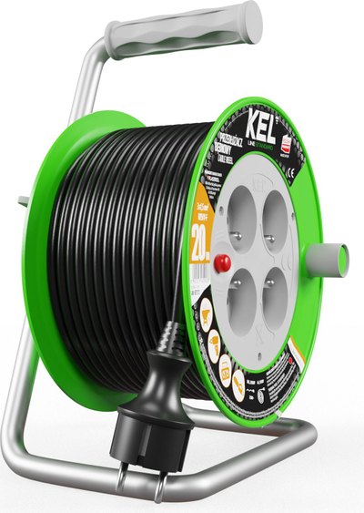Zgjatës rryme në bobinë KEL STANDARD LINE 25m, 3x1.5mm, 4x prizë, i zi