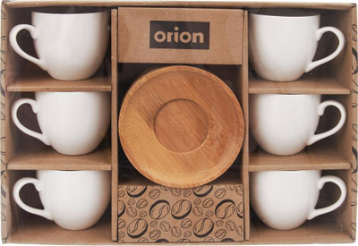 Set filxhanësh Orion, porcelani 120 ml, pjatëza bambuje, 6 copë, të bardha