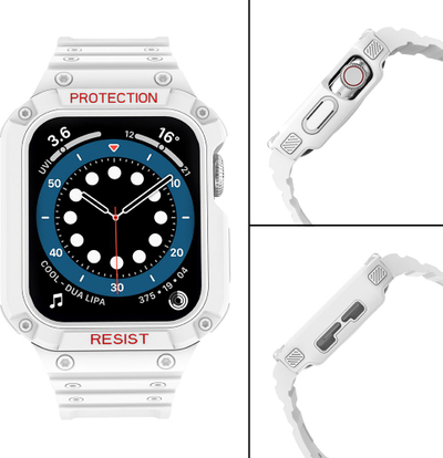 Rrip ore me kasë mbrojtëse Hurtel Protect Strap Band për Apple Watch 7 6 5 4 3 2 SE, 45 44 42mm, i bardhë
