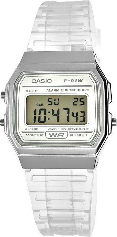 Orë dixhitale Casio Collection F-91WS-7EF, kronograf, rrip rezine transparent, argjendtë