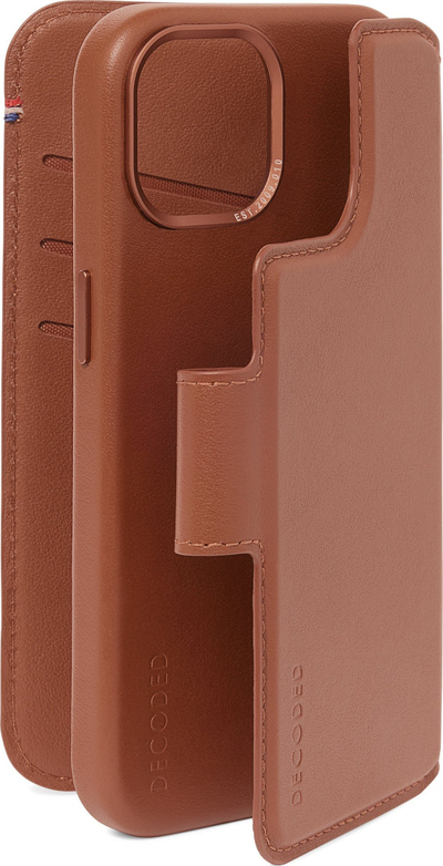 Këllëf-portofol Decoded Leather Detachable për iPhone 15 Plus, lëkurë, kafe