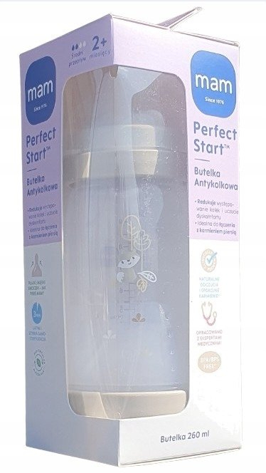 Biberon MAM Anti Colic Perfect Start, 260ml, 2m+, transparent bezhë