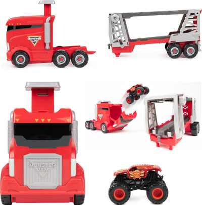 Set lodër Monster Jam Official 2-in-1 Launch N Go Hauler, kamion transporti me rampë hedhje, për makina 1:64, i kuq