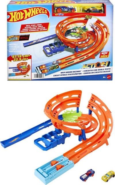 Set pistë garash Hot Wheels Whip Around Raceway, 2 makina 1:64, palosje për ruajtje të lehtë, shumëngjyrësh