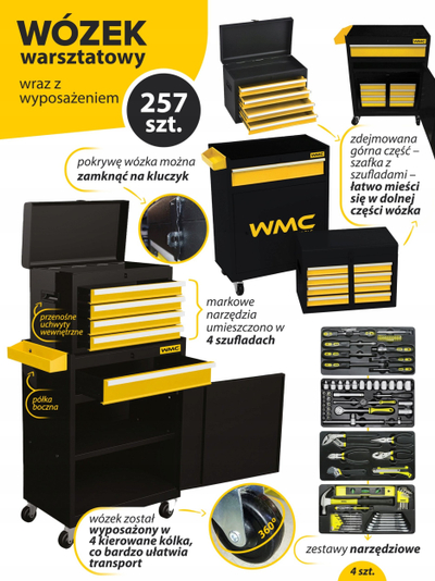 Karrocë veglash WMC Tool Cabinet Workshop Trolley WMC257, 5 sirtarë, 257 pjesë, e kuqe