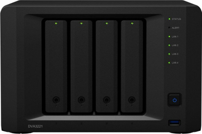 Regjistrues rrjeti Synology DVA3221, 4 slote HDD, AI video‑analizë, i zi