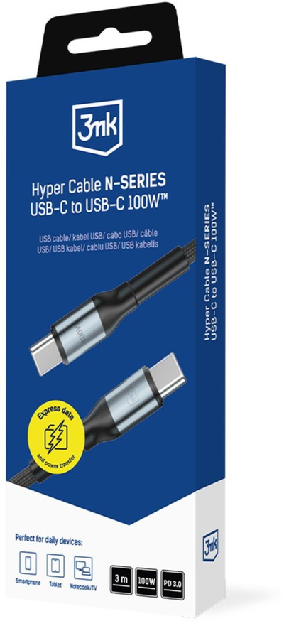 Kabllo 3mk Hyper Cable N-Series USB-C në USB-C, 3 m, 100W, i zi