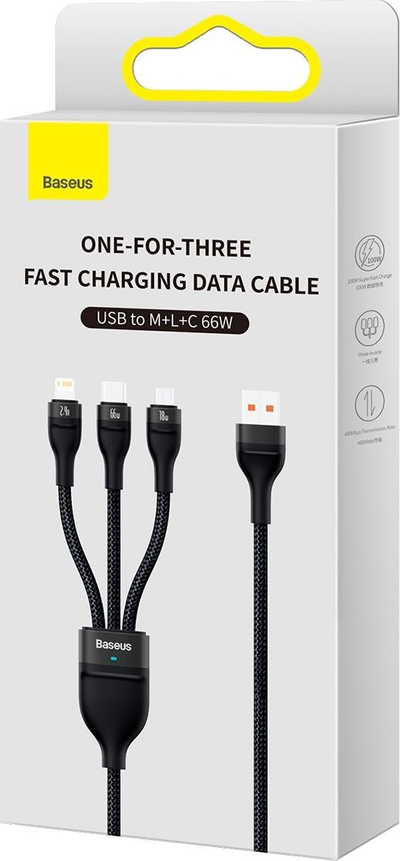 Kabllo karikimi Baseus 3‑në‑1 USB, 66W, 1.2m, e zezë