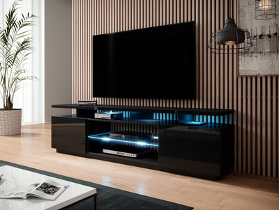 Komoda TV Coma Meble Eva, 180x40x56 cm, MDF, e zezë me shkëlqim