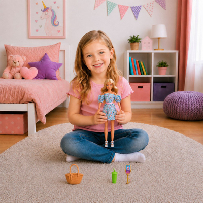 Kukull LeanToys Anlily Fashion, 30cm, me çantë dhe aksesorë, me fustan blu me lule