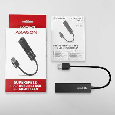 Мултипорт хаб AXAGON HMA-GL3A, USB 3.0 Тип A, Gbit LAN, 3x USB-A, читач на microSD, црн