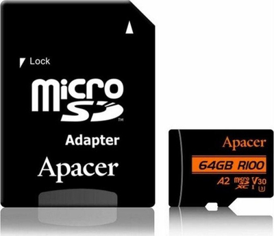 Kartë memorie Apacer MicroSDXC V30 A2, 64GB, UHS I U3 Class 10, me adapter