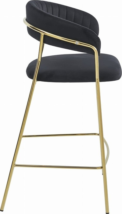 Karrige bari elegante me mbështetëse shpine e mbështetëse këmbësh, velvet e zezë, këmbë ngjyr ari