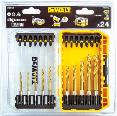 Set bitash edhe stërvitjesh Dewalt Flextorq, 24 copa, me veshje titani