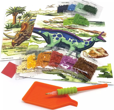 Set kreativ DinosArt Dazzle-by-Number, 2 tablo me dinosaurë, mbi 4500 gurë dekorativ, me shumë ngjyra