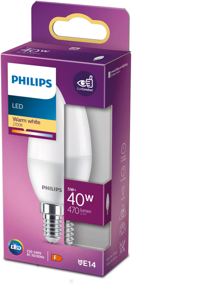 Llambë LED Philips B35, 5W E14, 2700K, dritë e bardhë e ngrohtë