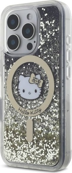 Mbulesë telefoni Hello Kitty Liquid Glitter Fever MagSafe, për iPhone 16 Pro, me shkëlqim, e zezë me detaje ari